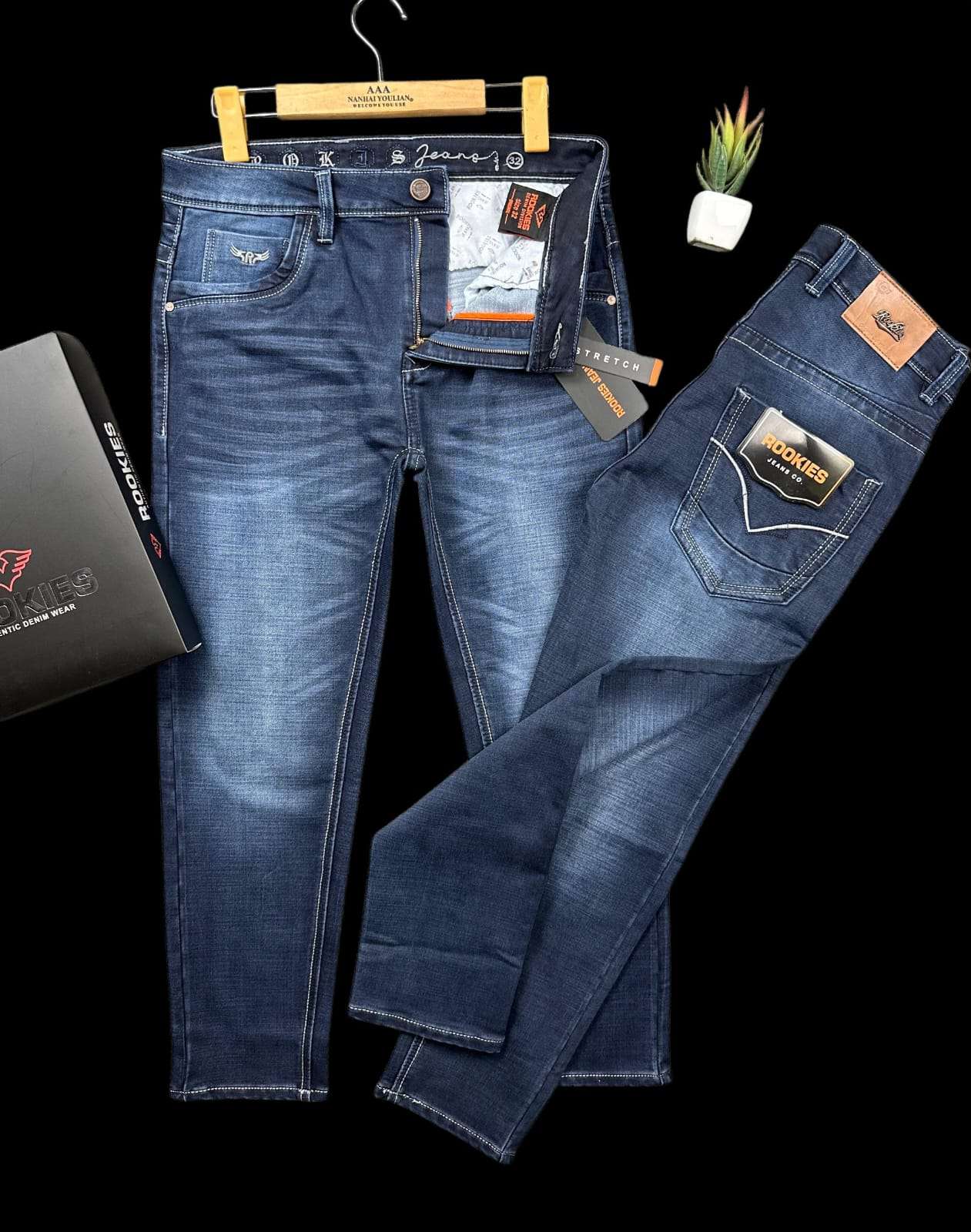 Premium Luxury Indian Knit Denim Pants Dark blue ROOKIES